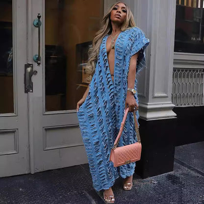 Summer New African Women Popular Open Front Hollow Denim Jumpsuit Plus Size Fashion Blogger Loose Romper Preorder For Holiday