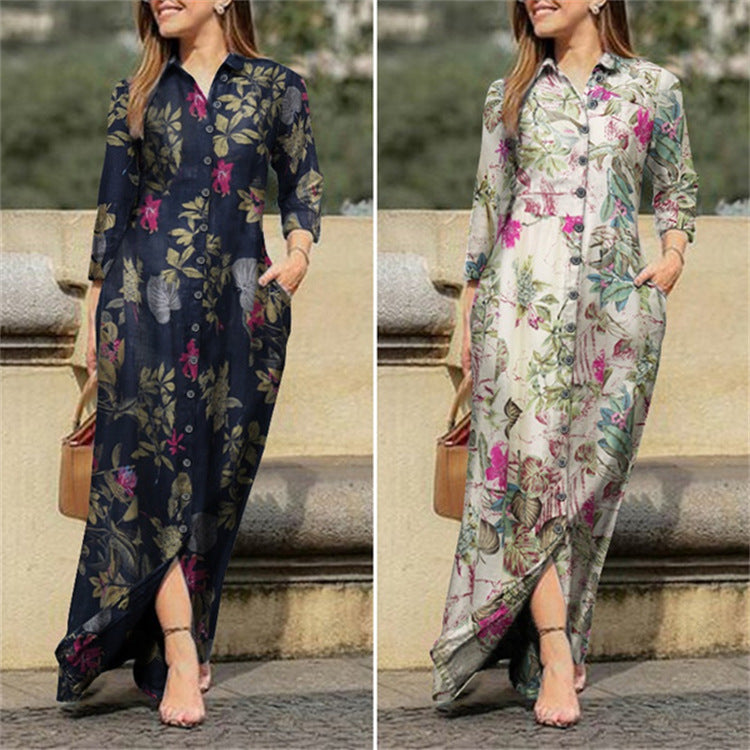 Holiday Casual Lapel Long Sleeve Robe Long Floral Print Cotton Dress Button Shirt Long