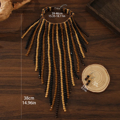 African Wood Beads Multi-layer Tassel Necklace Earrings Set Bohemia Colorful Beaded Choker for Women Jewelry Set Wedding Party