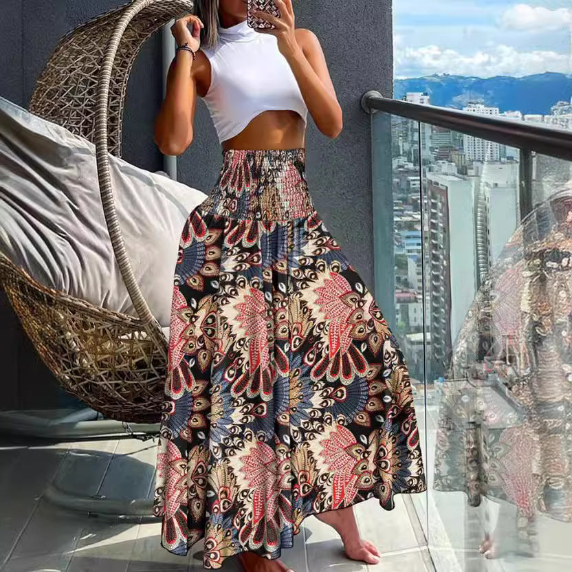 Women's Long Skirt Beach Boho Print Skirts for Women  Summer Casual Elastic High Waist Big Swing Maxi Skirts Vacation Robe