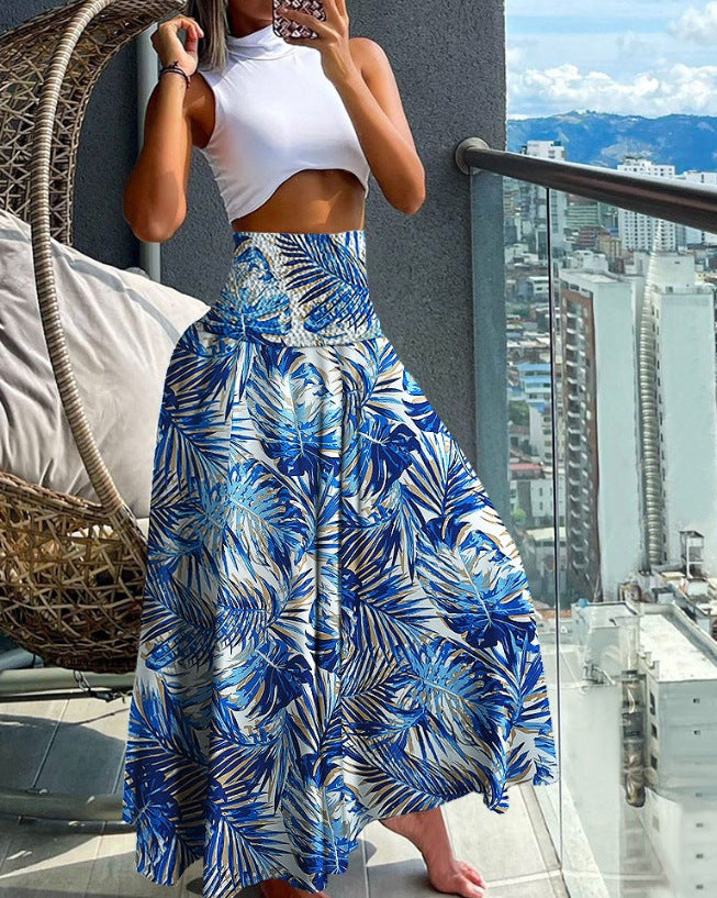 Women's Long Skirt Beach Boho Print Skirts for Women  Summer Casual Elastic High Waist Big Swing Maxi Skirts Vacation Robe