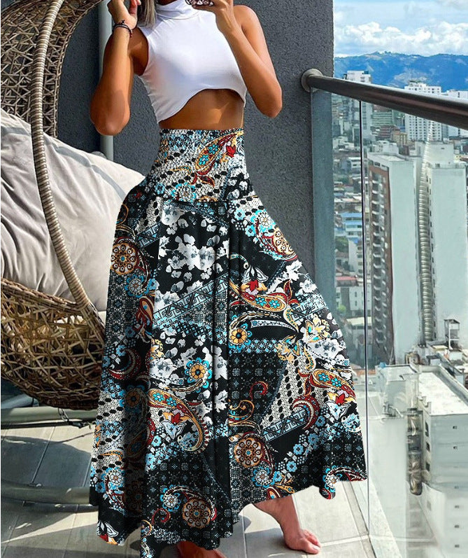 Women's Long Skirt Beach Boho Print Skirts for Women  Summer Casual Elastic High Waist Big Swing Maxi Skirts Vacation Robe