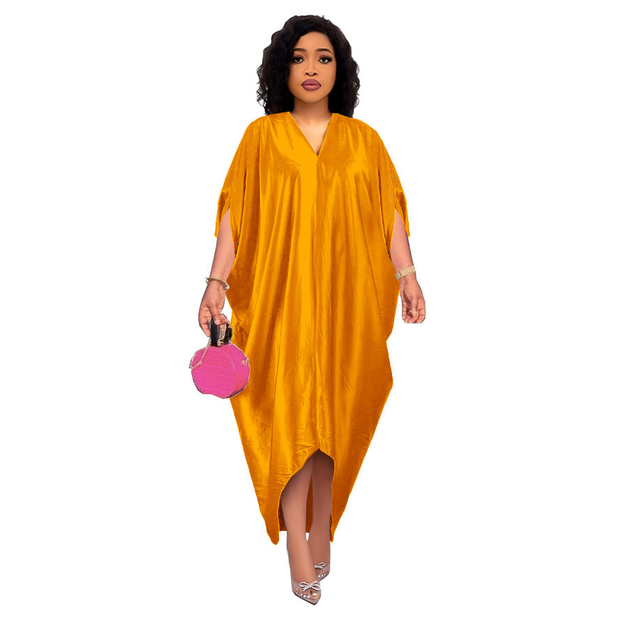 Spring New African Plus Size Muslim Women's Solid Color V-Neck Dress