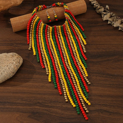 African Wood Beads Multi-layer Tassel Necklace Earrings Set Bohemia Colorful Beaded Choker for Women Jewelry Set Wedding Party