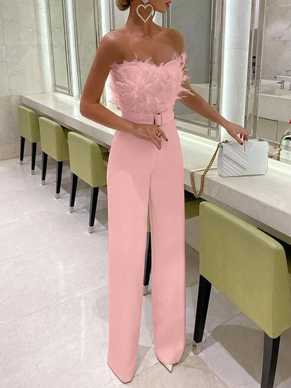 Feather strapless sexy fashion jumpsuit