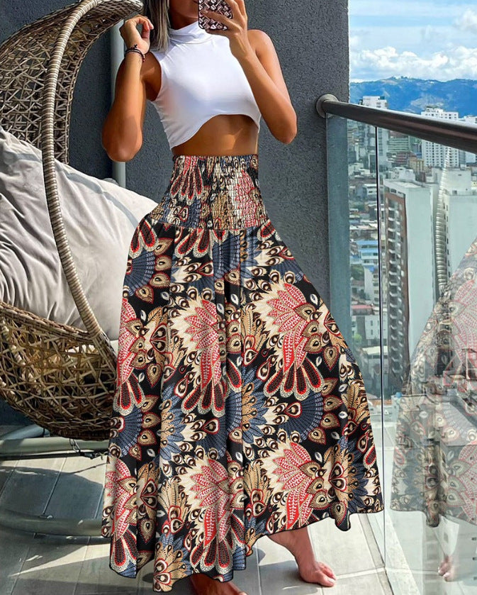 Women's Long Skirt Beach Boho Print Skirts for Women  Summer Casual Elastic High Waist Big Swing Maxi Skirts Vacation Robe