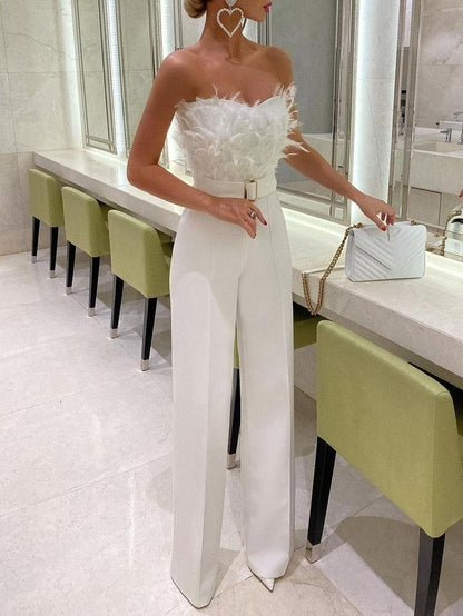 Feather strapless sexy fashion jumpsuit