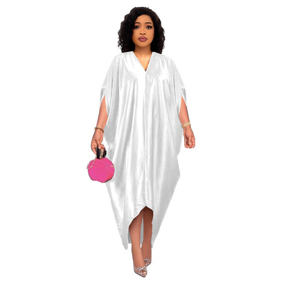 Spring New African Plus Size Muslim Women's Solid Color V-Neck Dress