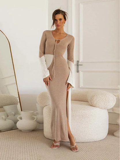 Women Contrast Color Split Knitted Maxi Dress Female U-neck Lace Up Long Sleeve Dresses Lady Chic Bodycon Robe