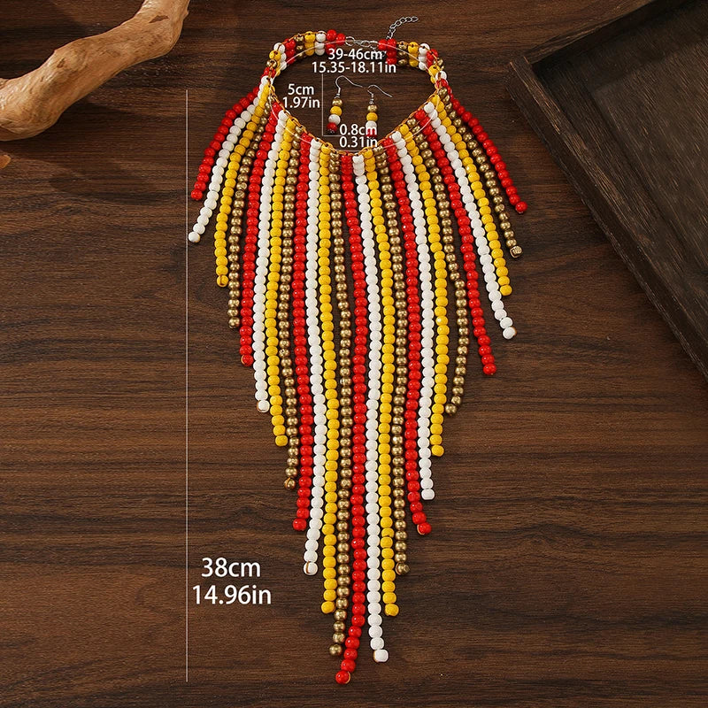 African Wood Beads Multi-layer Tassel Necklace Earrings Set Bohemia Colorful Beaded Choker for Women Jewelry Set Wedding Party