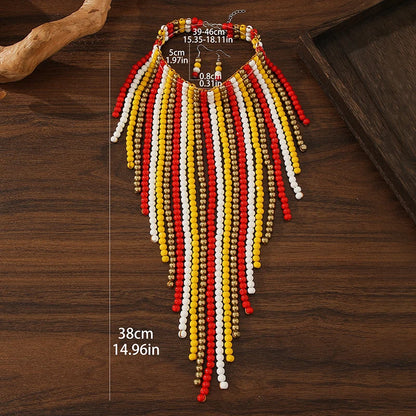 African Wood Beads Multi-layer Tassel Necklace Earrings Set Bohemia Colorful Beaded Choker for Women Jewelry Set Wedding Party