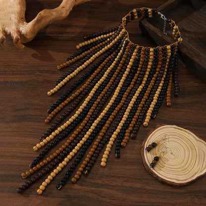 African Wood Beads Multi-layer Tassel Necklace Earrings Set Bohemia Colorful Beaded Choker for Women Jewelry Set Wedding Party