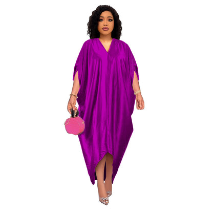 Spring New African Plus Size Muslim Women's Solid Color V-Neck Dress