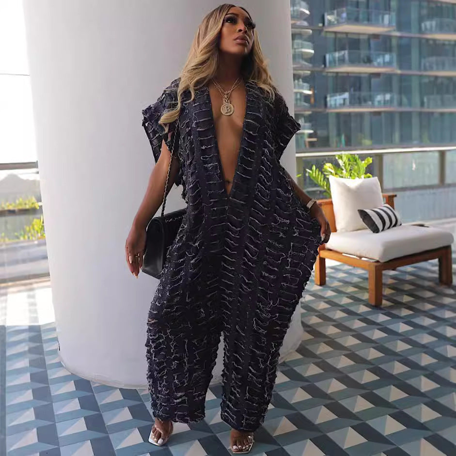 Summer New African Women Popular Open Front Hollow Denim Jumpsuit Plus Size Fashion Blogger Loose Romper Preorder For Holiday