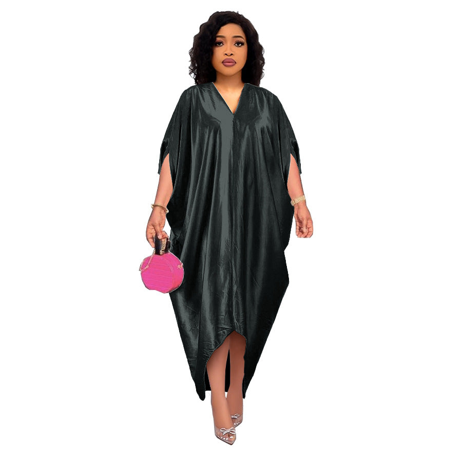 Spring New African Plus Size Muslim Women's Solid Color V-Neck Dress