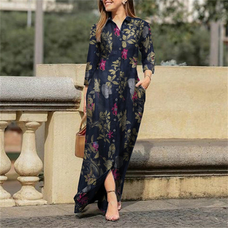 Holiday Casual Lapel Long Sleeve Robe Long Floral Print Cotton Dress Button Shirt Long