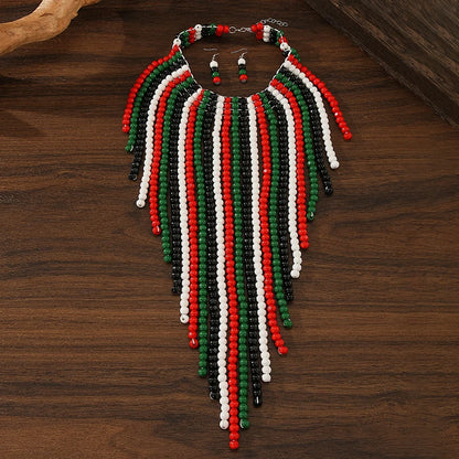 African Wood Beads Multi-layer Tassel Necklace Earrings Set Bohemia Colorful Beaded Choker for Women Jewelry Set Wedding Party