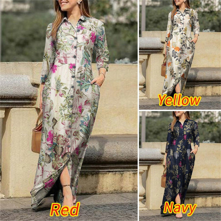 Holiday Casual Lapel Long Sleeve Robe Long Floral Print Cotton Dress Button Shirt Long