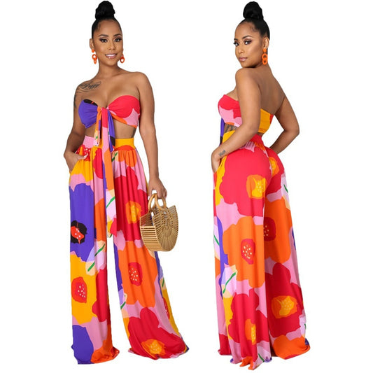 Dashiki Women African Clothes for Women Floral Printing Long Dress New Casual Elegant Tube Top Pants V-Neck Women's 2-Piece Su