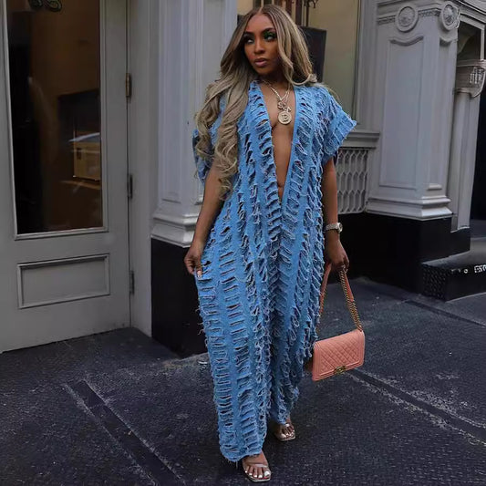 Summer New African Women Popular Open Front Hollow Denim Jumpsuit Plus Size Fashion Blogger Loose Romper Preorder For Holiday