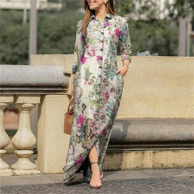 Holiday Casual Lapel Long Sleeve Robe Long Floral Print Cotton Dress Button Shirt Long