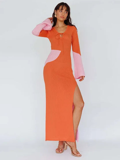 Women Contrast Color Split Knitted Maxi Dress Female U-neck Lace Up Long Sleeve Dresses Lady Chic Bodycon Robe