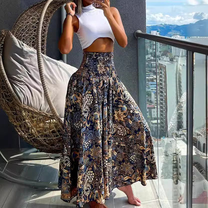 Women's Long Skirt Beach Boho Print Skirts for Women  Summer Casual Elastic High Waist Big Swing Maxi Skirts Vacation Robe