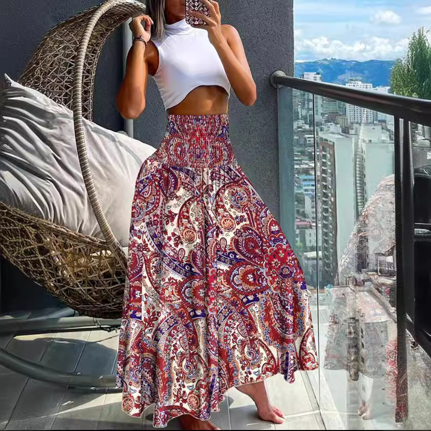 Women's Long Skirt Beach Boho Print Skirts for Women  Summer Casual Elastic High Waist Big Swing Maxi Skirts Vacation Robe