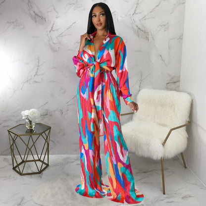 2 Two Piece Set Stripe Print Long Sleeve Blouse Tops And Pant Suits Dashiki African Women Set Sheath Matching Fashion Outfit