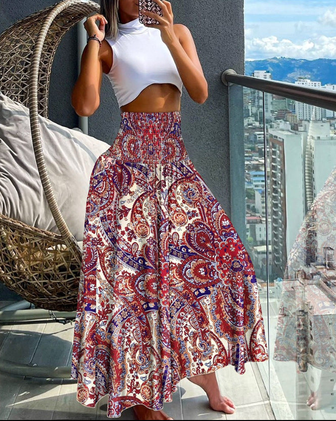 Women's Long Skirt Beach Boho Print Skirts for Women  Summer Casual Elastic High Waist Big Swing Maxi Skirts Vacation Robe